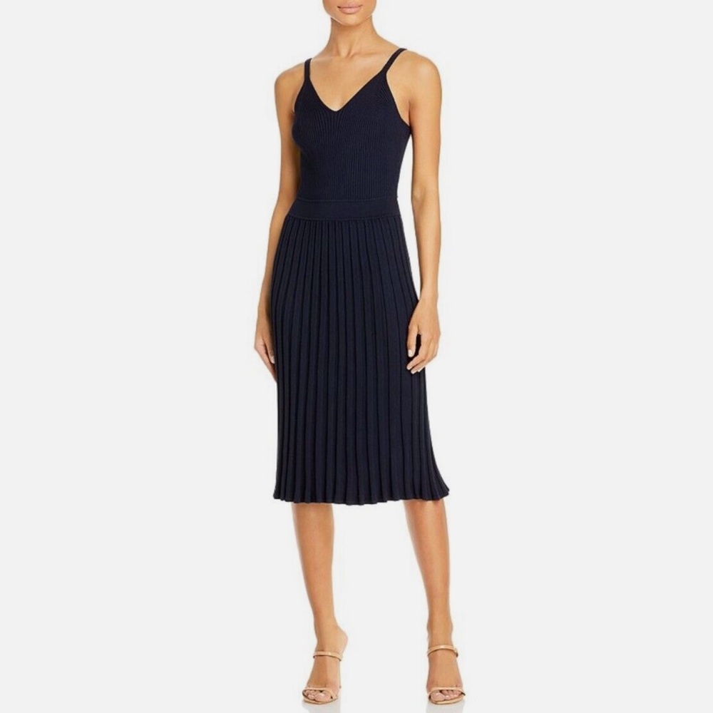 Milly navy blue‎ cami pleated midi dress size large party cocktail career